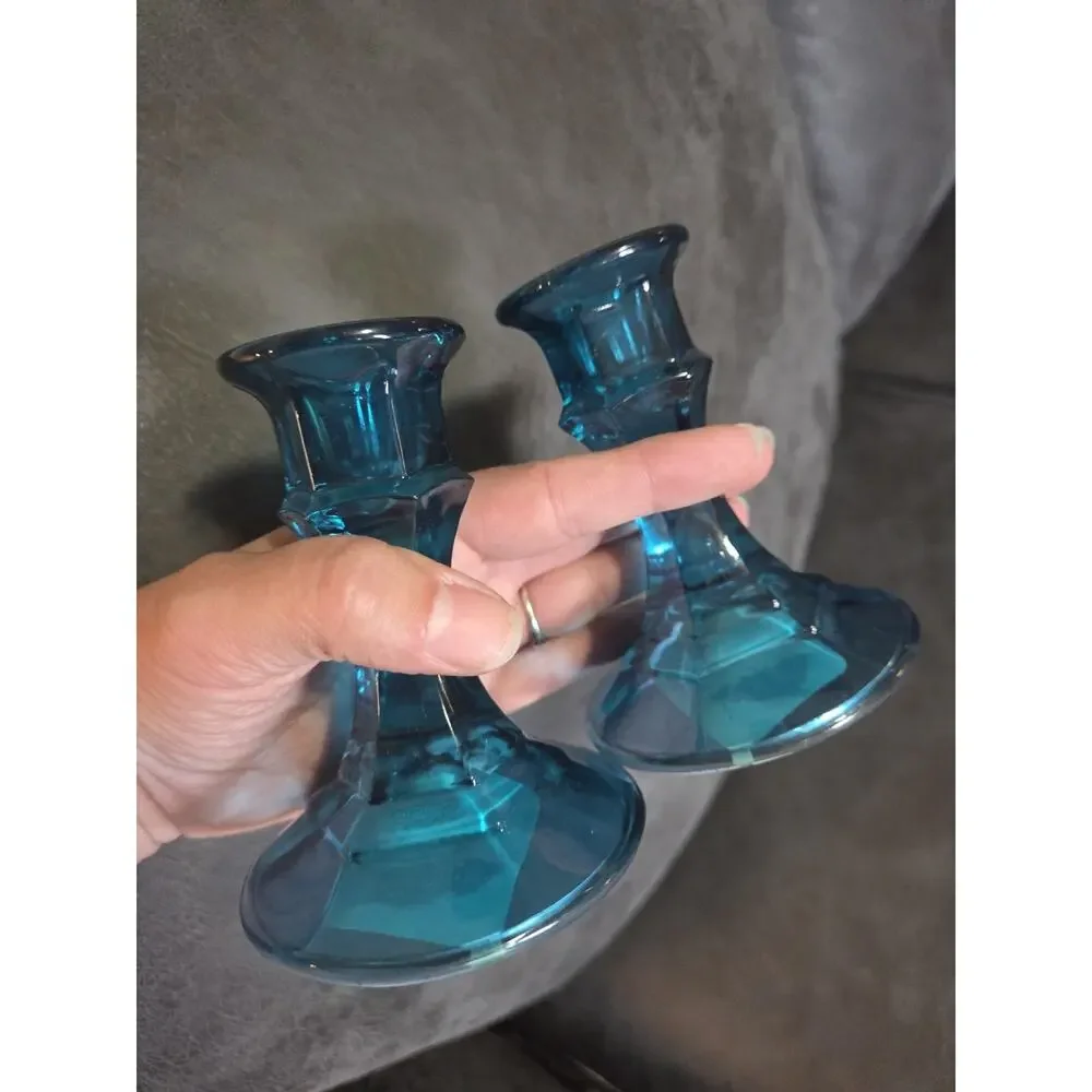 Libbey Crisa Glass Candlestick Holders Lot of 12 Aquamarine Blue Clear Taper
